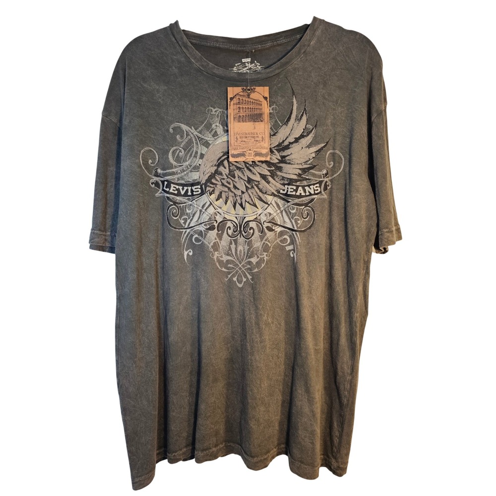 Biker Grunge Levis Graphic Tee Men XL Charcoal Gray Winged Logo Mineral Wash NEW